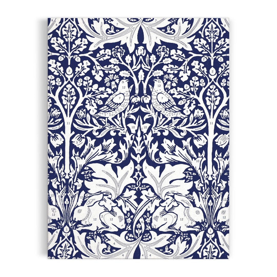 William Morris paint by number kit featuring intricate floral and bird designs on a navy background