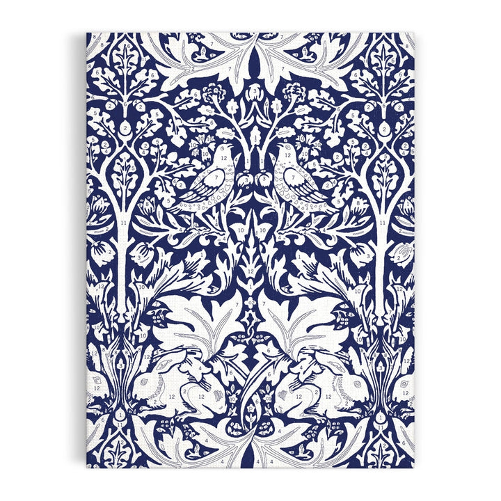 William Morris paint by number kit featuring intricate floral and bird designs on a navy background
