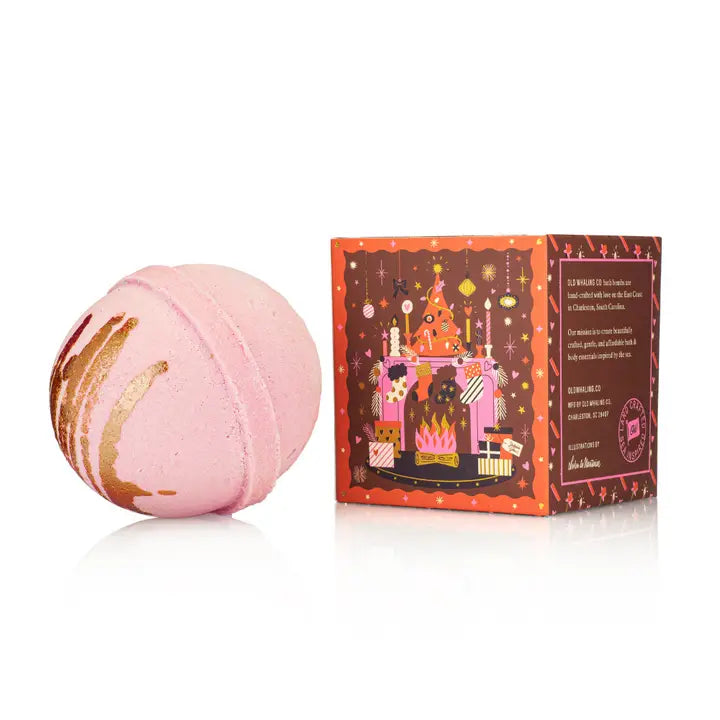 Yuletide Glow bath bomb from Old Whaling Co, featuring a festive design and soothing pink color