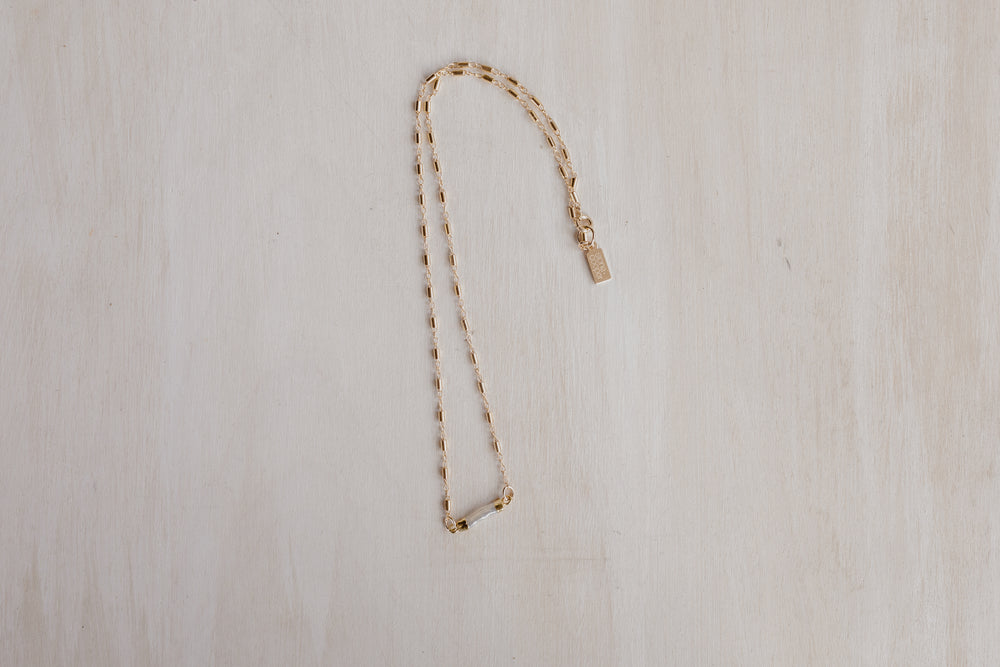  gold electroplated natural pearl charm (tube link) is combined with a gold-filled chain with a unique bead chain design