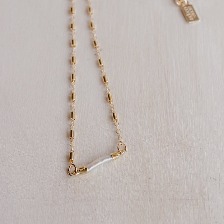  gold electroplated natural pearl charm (tube link) is combined with a gold-filled chain with a unique bead chain design