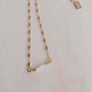  gold electroplated natural pearl charm (tube link) is combined with a gold-filled chain with a unique bead chain design