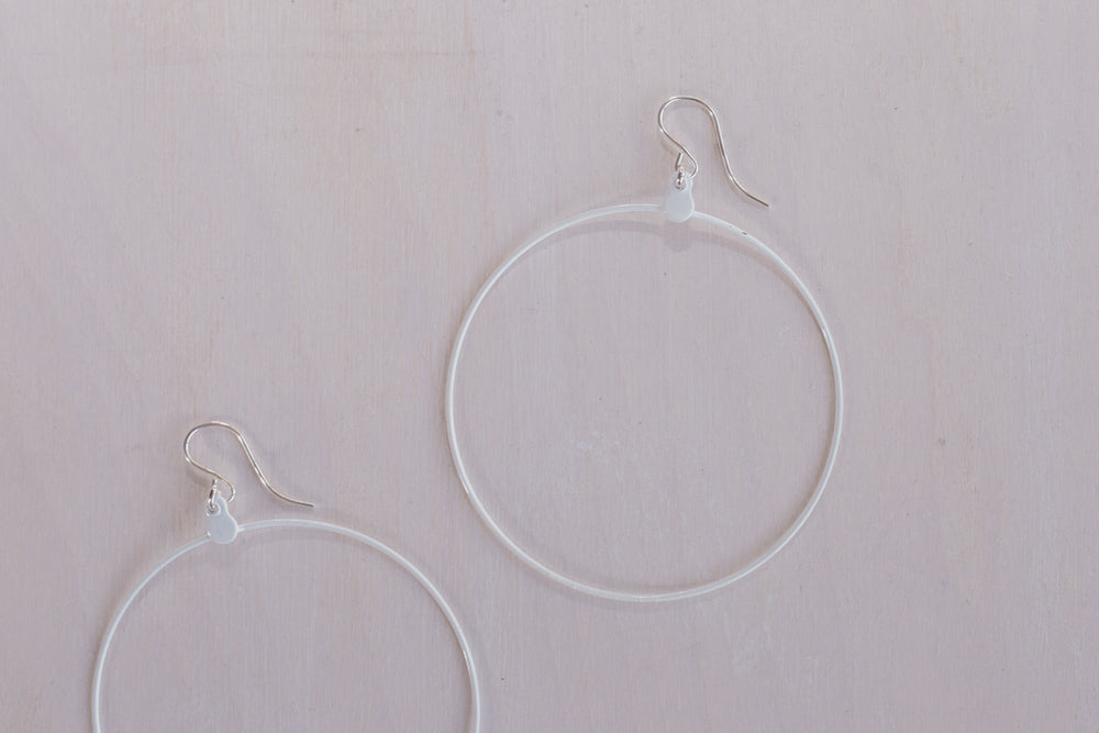 close up shot of 2 white hoop earring