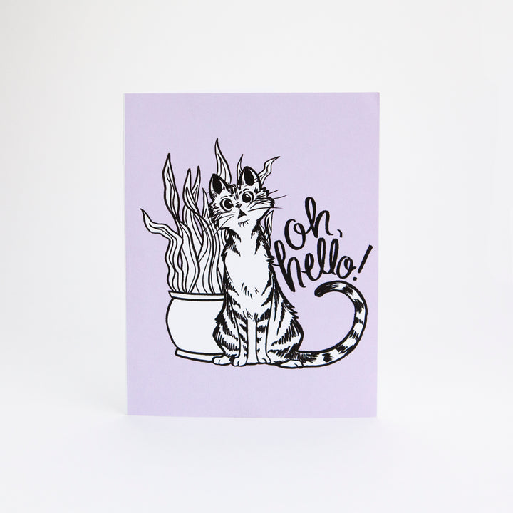 A card that reads "Oh, Hello!" with a drawing of a cat and snake plant on it.