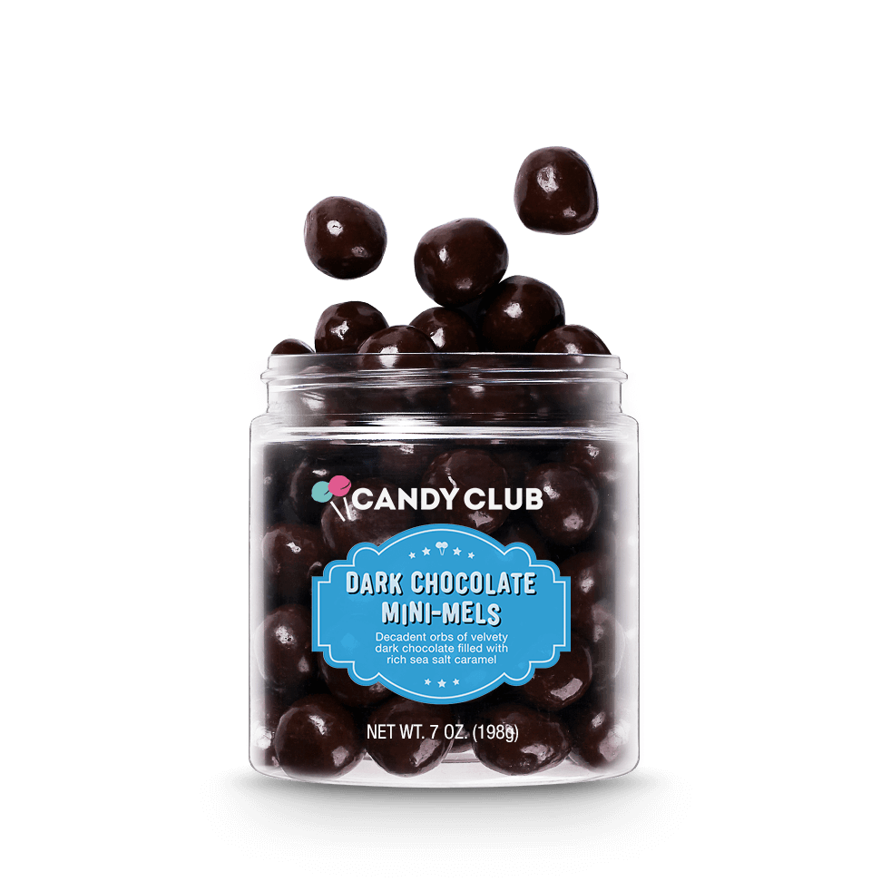 Dark Chocolate Mini-Mels spilling out of jar
