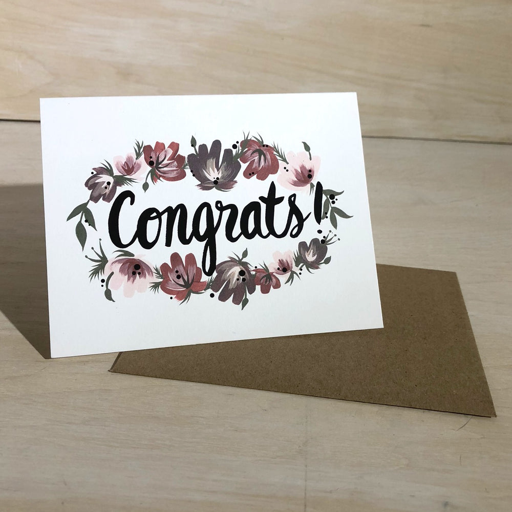 Hand-painted floral CONGRATS greeting card with black metallic accents. 