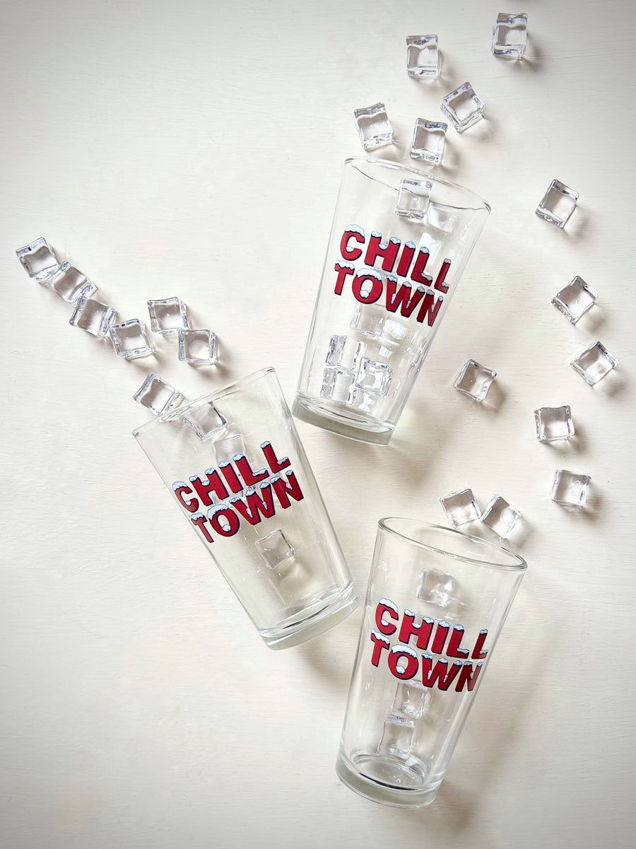 3 glasses spilling out ice, text on glass "Chill Town"