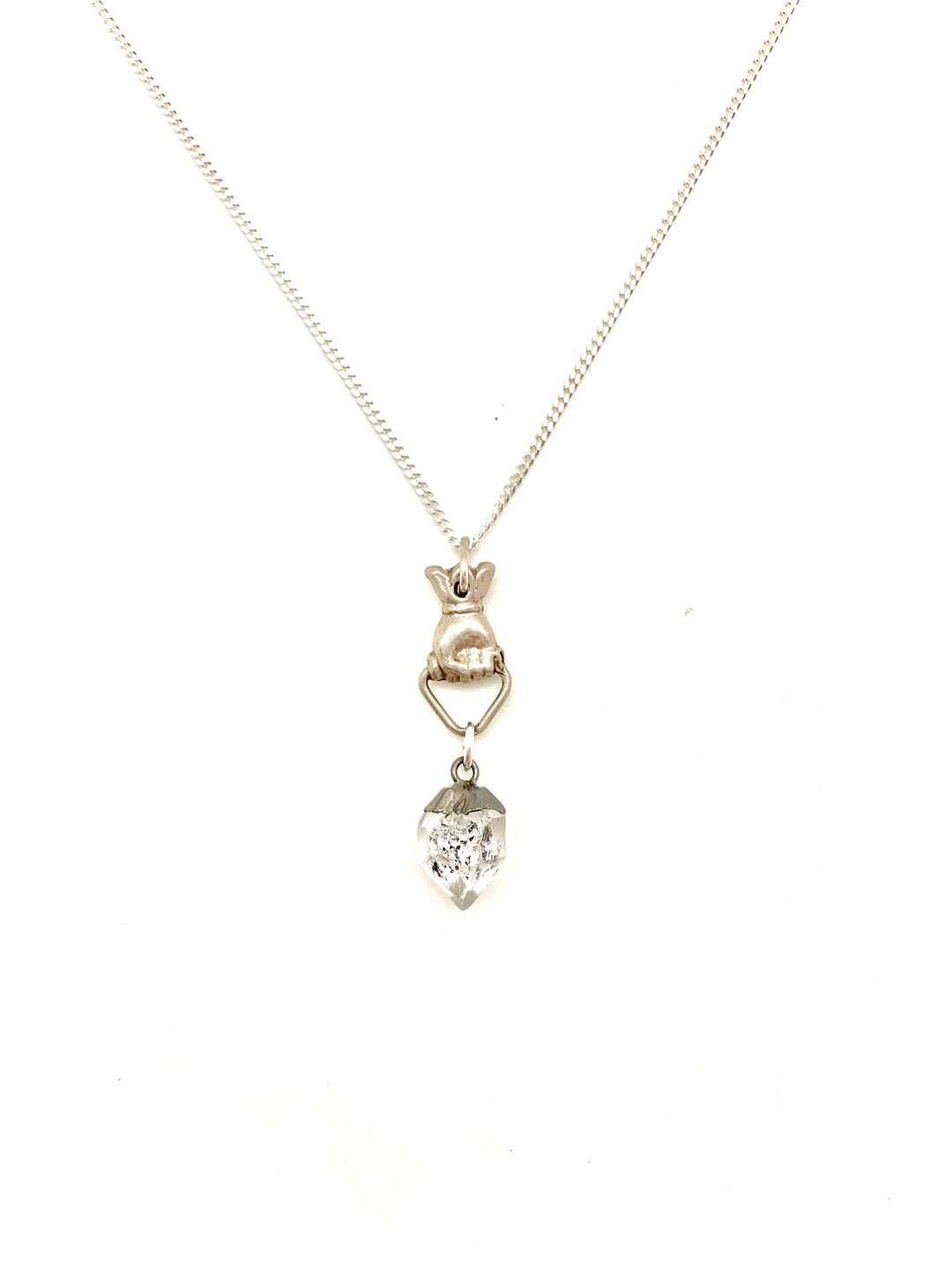  Sterling silver chains and Victorian-styled figa Hand (solid sterling silver) with Herkimer Diamond rough gems 