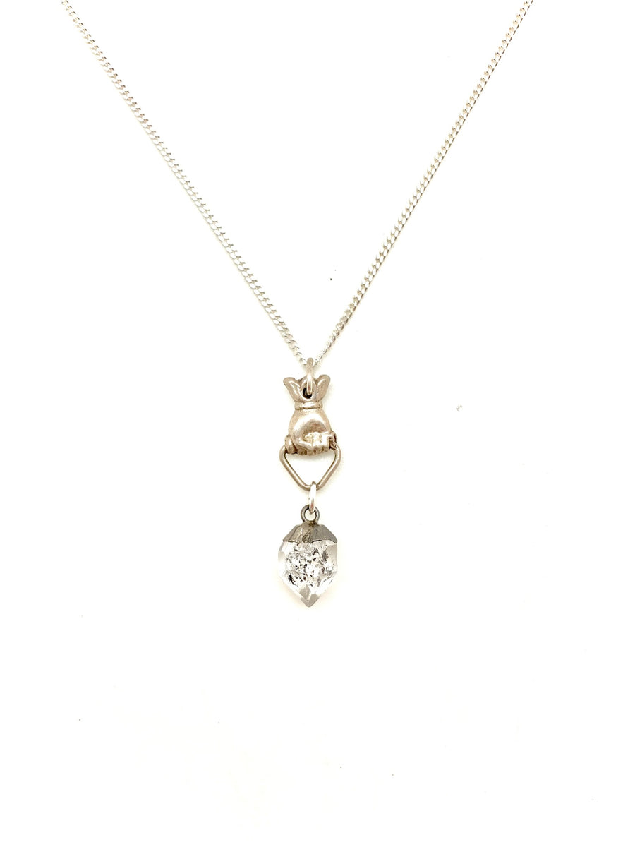  Sterling silver chains and Victorian-styled figa Hand (solid sterling silver) with Herkimer Diamond rough gems 