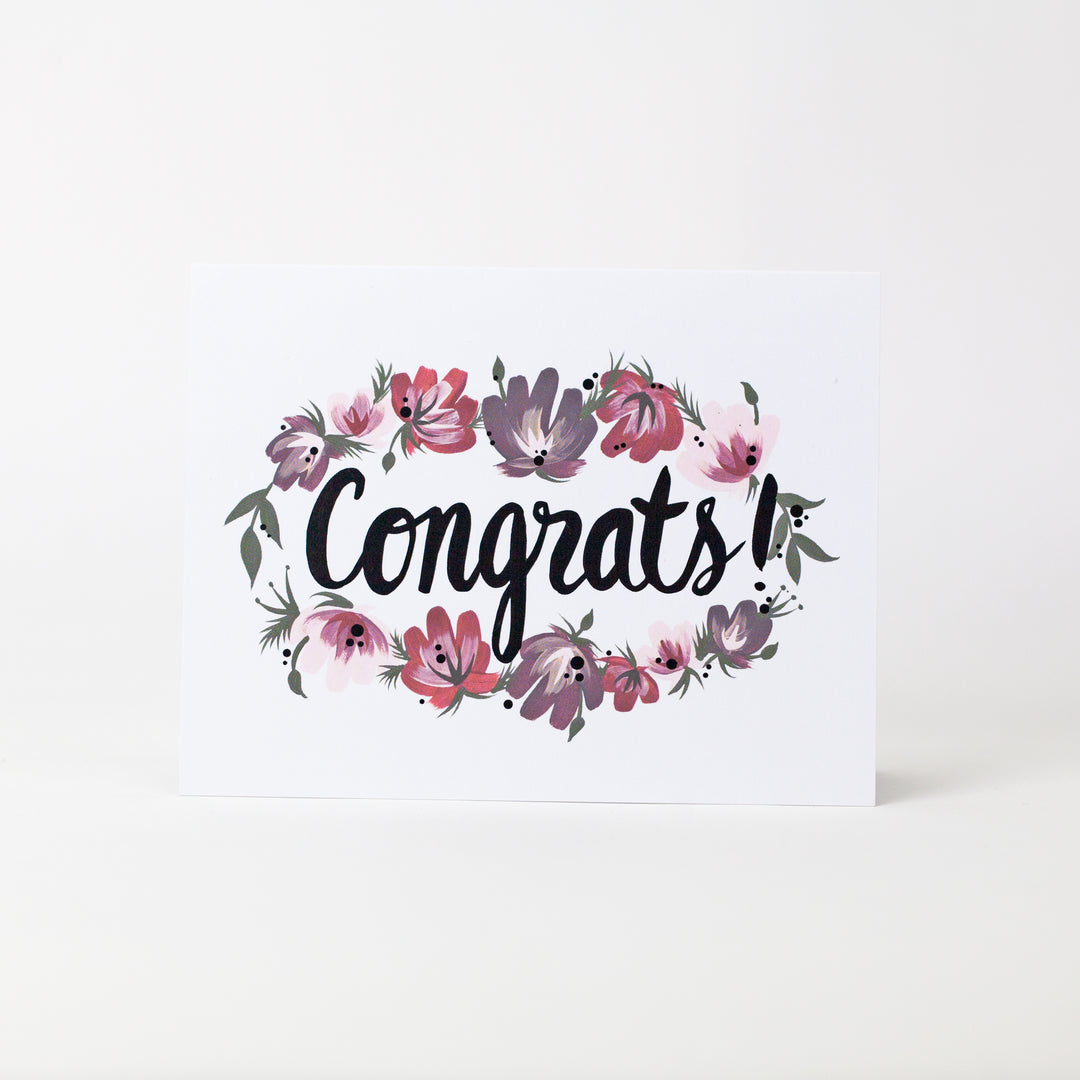 Hand-painted floral CONGRATS greeting card with black metallic accents. 