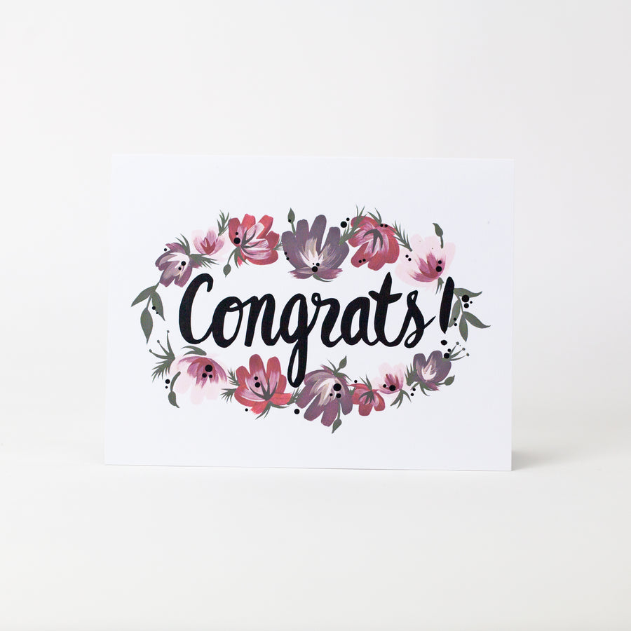 Hand-painted floral CONGRATS greeting card with black metallic accents. 
