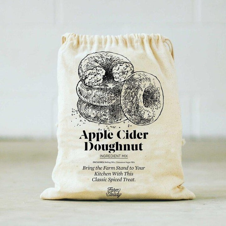 Apple cider doughnut baking kit from Farm Steady with illustrations and ingredients for homemade treats
