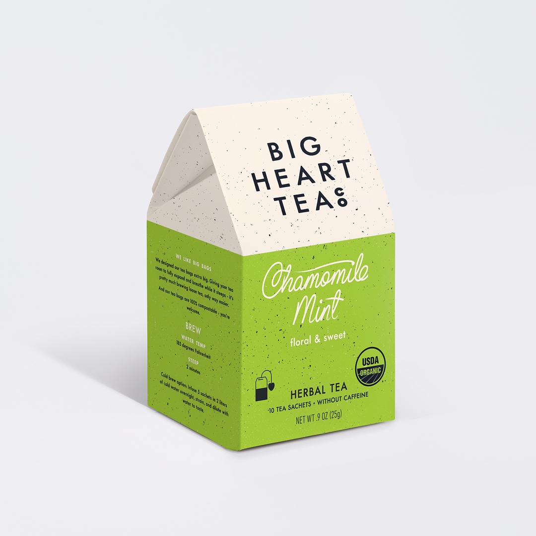 Big Heart Tea Co chamomile mint herbal tea box with floral and sweet flavor USDA organic
