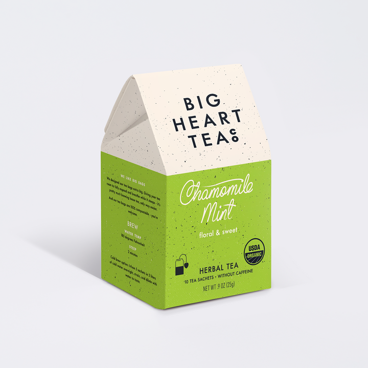 Big Heart Tea Co chamomile mint herbal tea box with floral and sweet flavor USDA organic