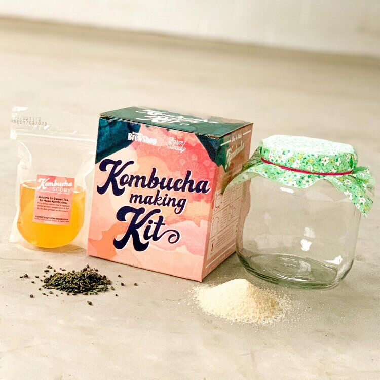 DIY kombucha kit by Farm Steady Brooklyn Brew Shop including glass jar, kombucha starter, tea leaves, and sugar