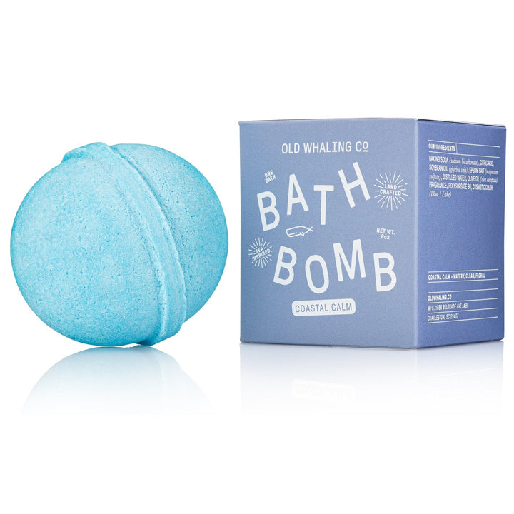 Round blue bath bomb and box.  Packaging reads " Old Whaling Co Bath Bomb Coastal Calm"