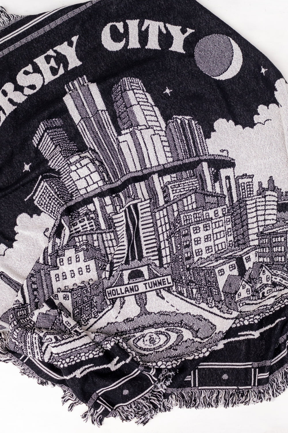 Kanibal & Co. custom Jersey City blanket with detailed city skyline and Holland Tunnel design