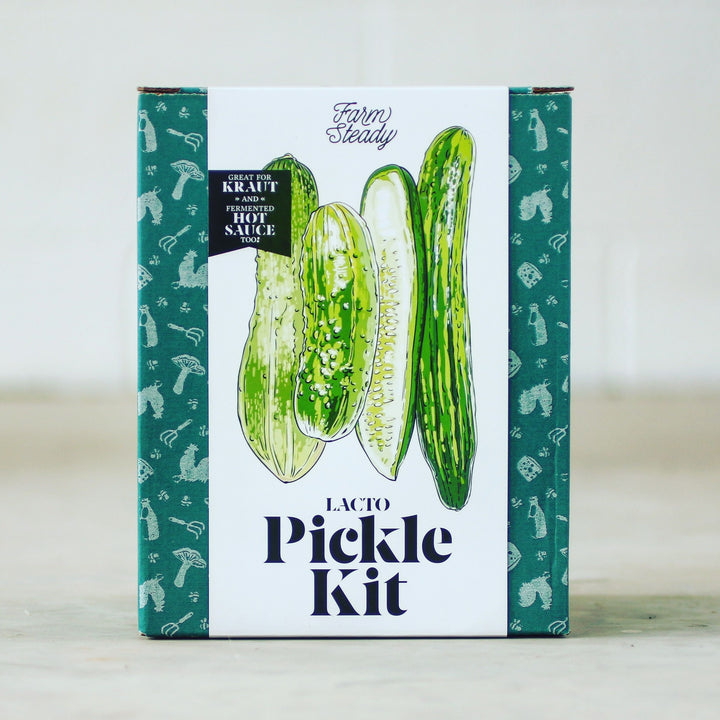 green and white box with illustration of pickles