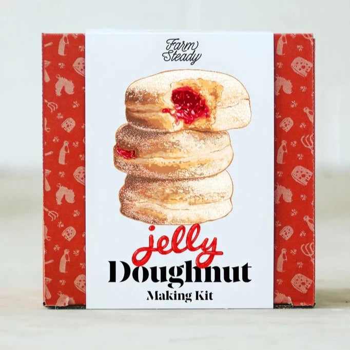 Farm Steady DIY jelly doughnut kit with illustrated jelly-filled doughnuts on packaging