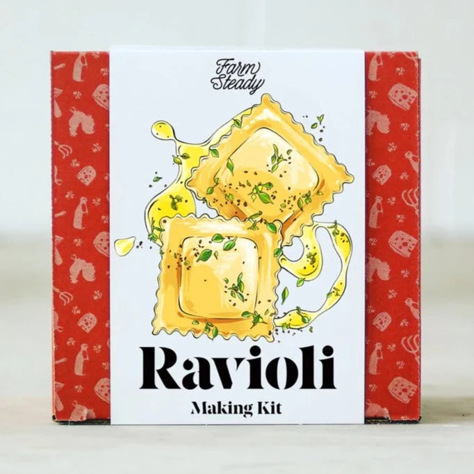 Farm Steady DIY ravioli making kit with illustrated ravioli and herbs on packaging