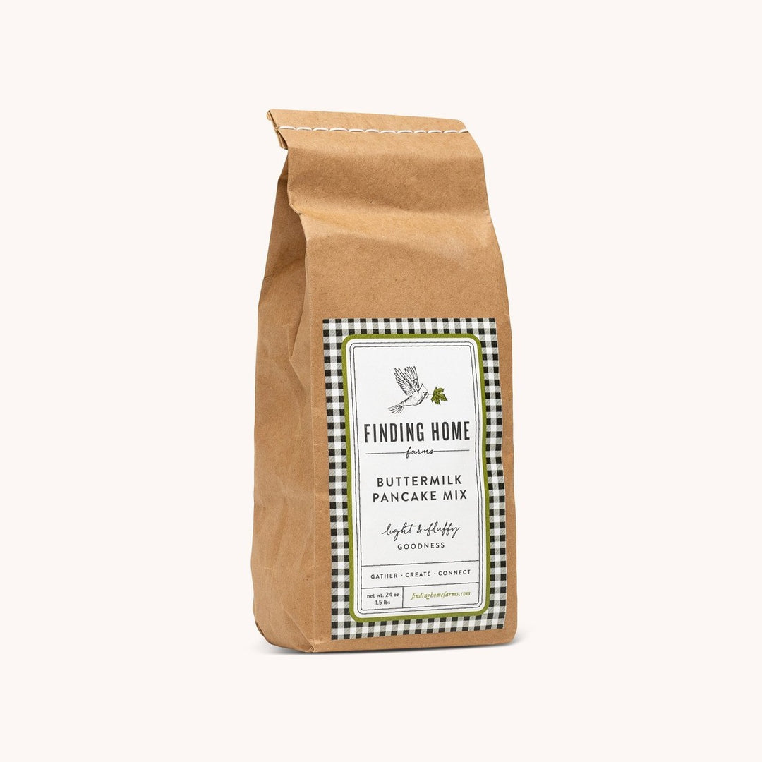 Finding Home Farms Buttermilk Pancake and Waffle Baking Kit with a kraft paper bag and label design