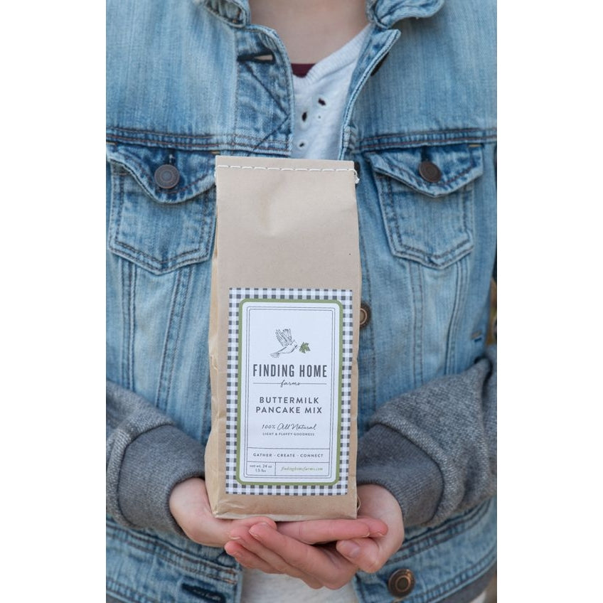 Finding Home Farms buttermilk pancake and waffle baking kit with ready-to-use pancake mix in a decorative bag