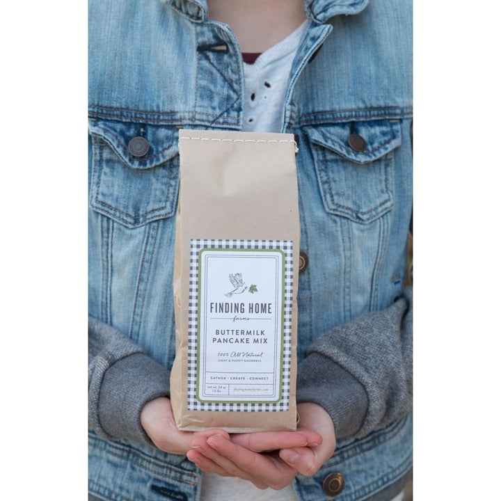 Finding Home Farms buttermilk pancake and waffle baking kit with ready-to-use pancake mix in a decorative bag