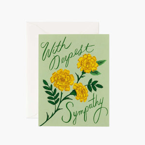 A card that reads "With Deepest Sympathy" in cursive. With a Marigold flower in the center