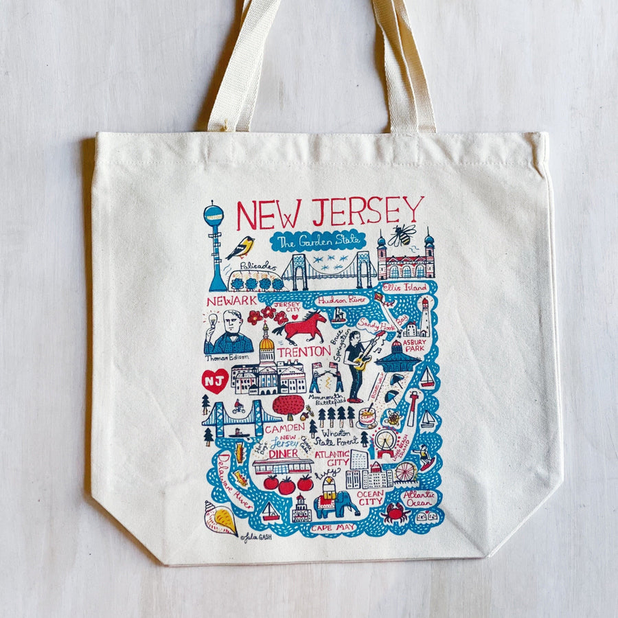 Canvas tote with various New Jersey landmarks