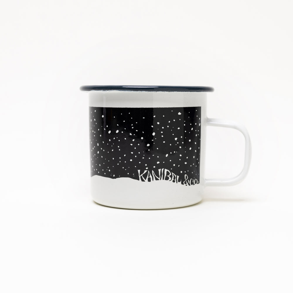 Kanibal & Co. jackalope enamel mug with black and white starry night design
