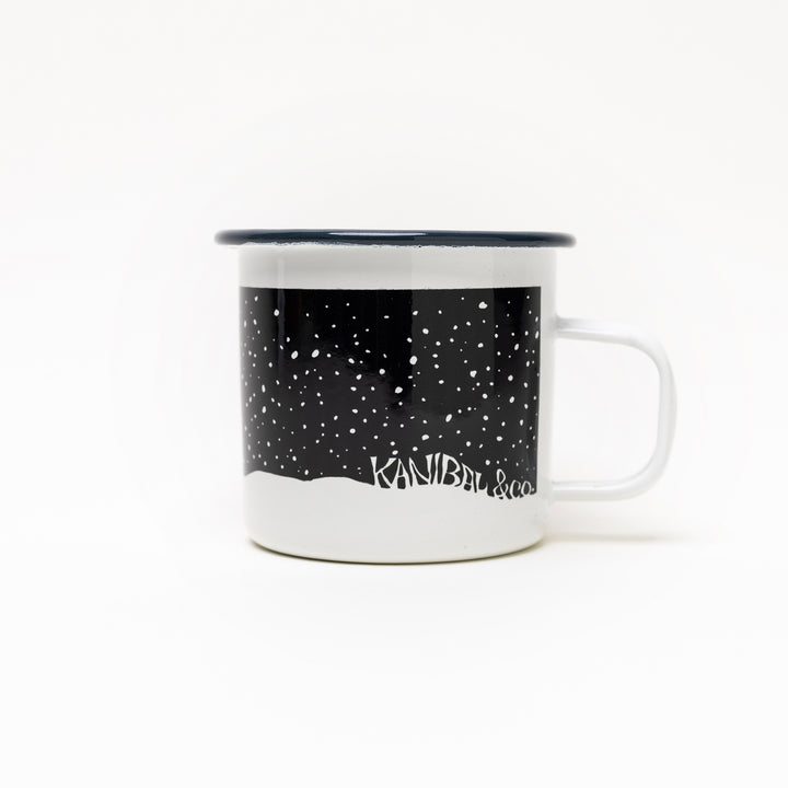 Kanibal & Co. jackalope enamel mug with black and white starry night design