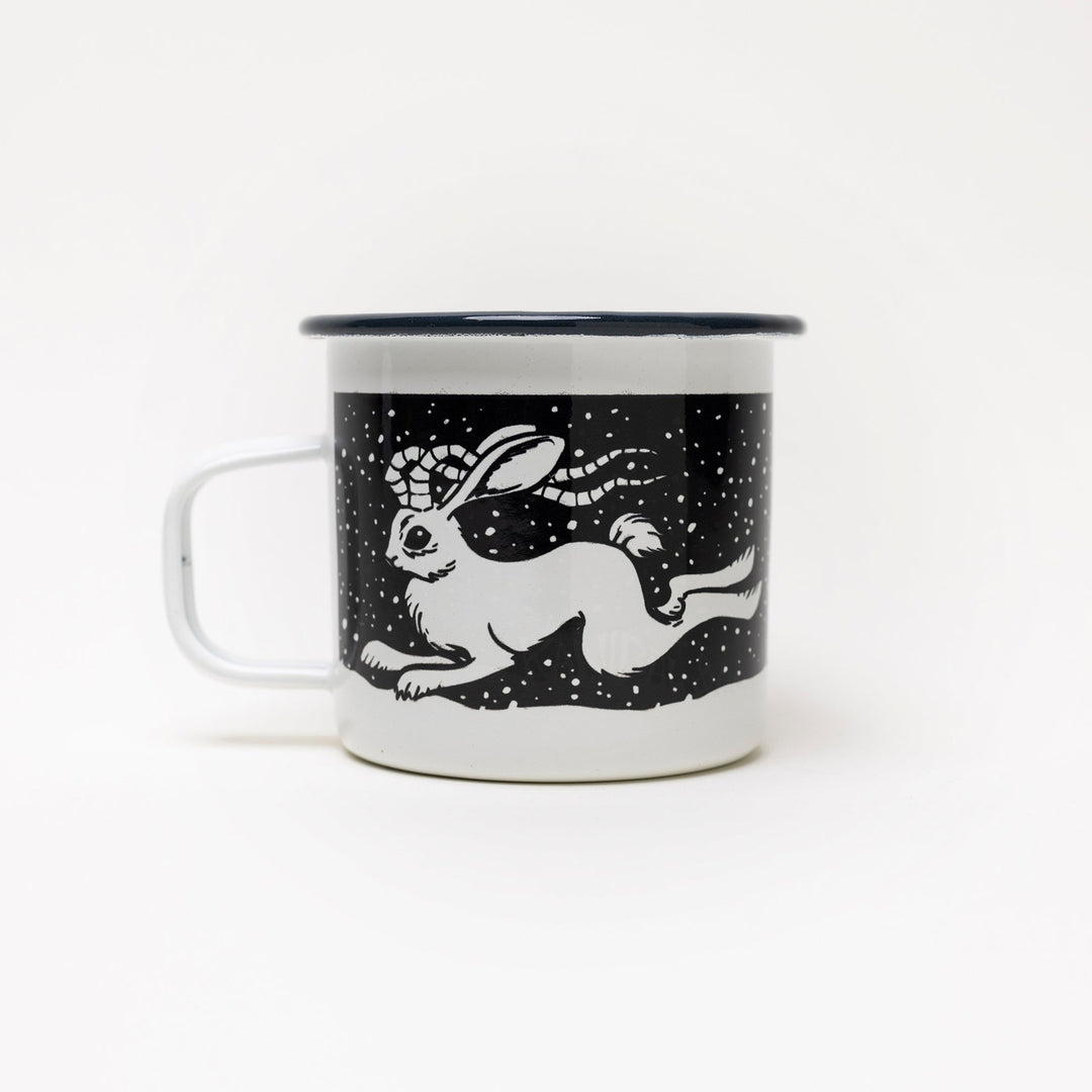 Kanibal & Co. jackalope enamel mug featuring a white jackalope design on black background