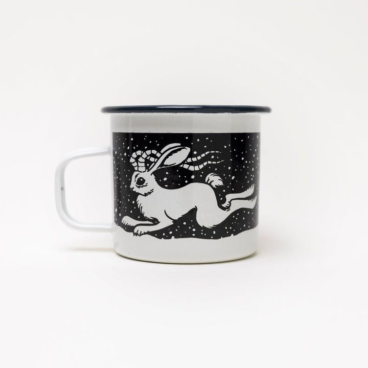 Kanibal & Co. jackalope enamel mug featuring a white jackalope design on black background
