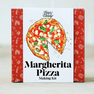 Red and white box with illustration of a Margherita PIzza