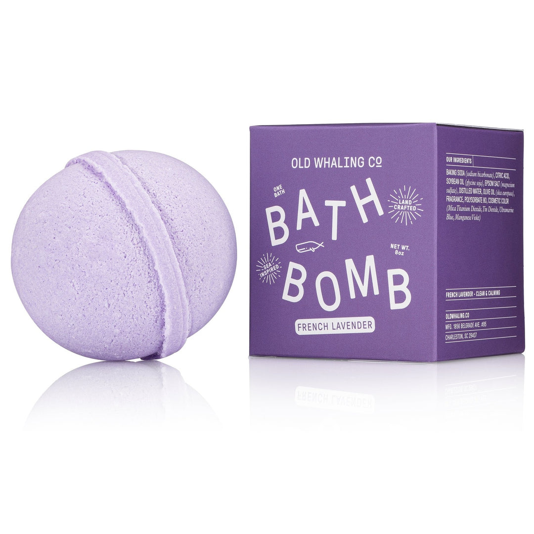 Old Whaling Co French lavender bath bomb with purple packaging and natural ingredients