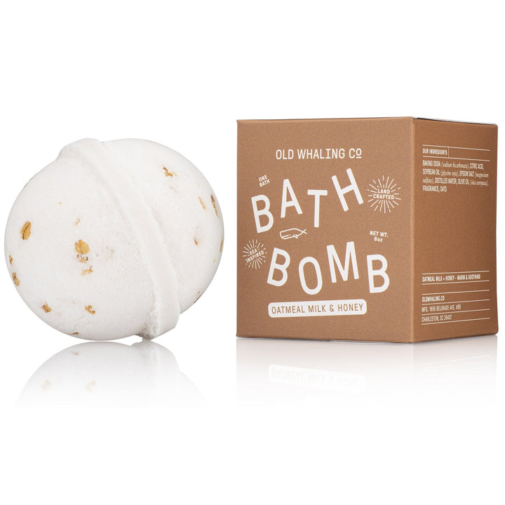 Old Whaling Co oatmeal milk honey bath bomb with natural ingredients and soothing scent in brown packaging