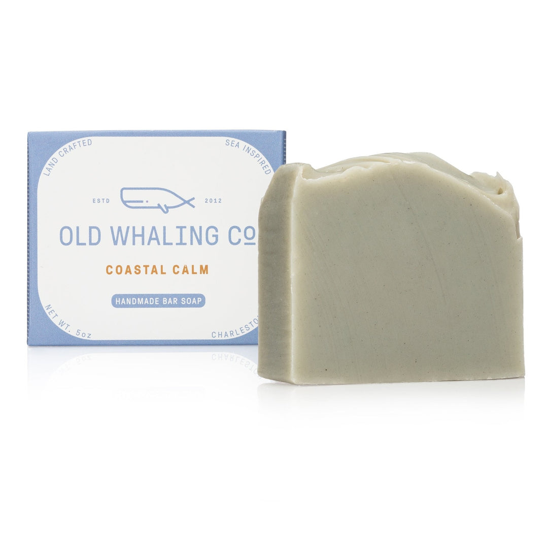 Old Whaling Co coastal calm bar soap handmade with natural ingredients next to blue and white branded box