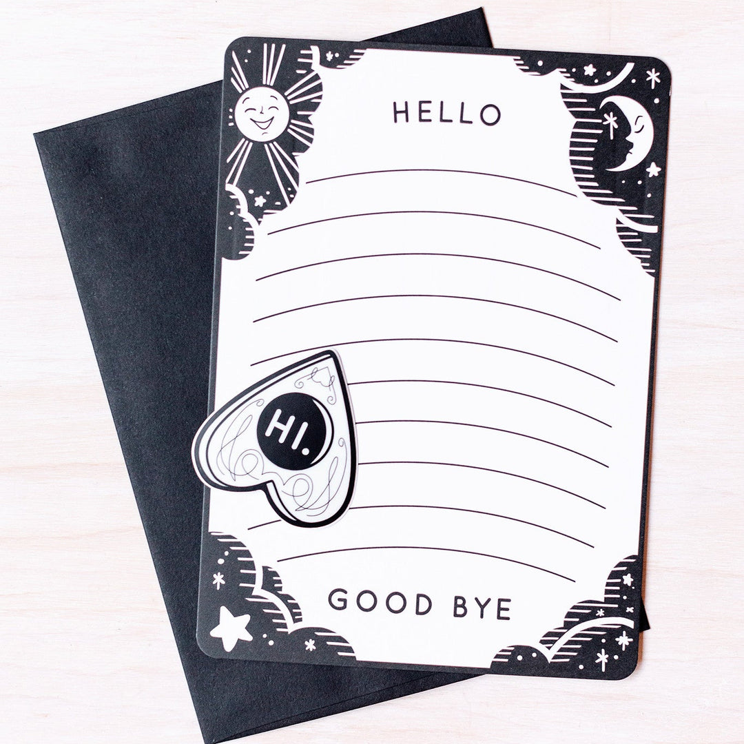 Kanibal & Co ouija postcard with sticker featuring celestial design and message lines
